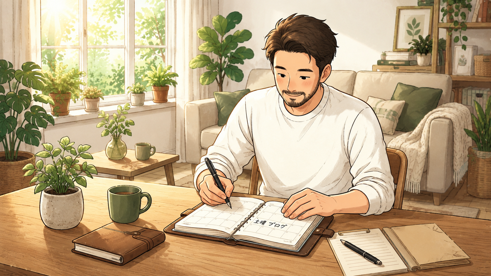 スケジュール帳でブログの時間を確保するパパのイラスト
