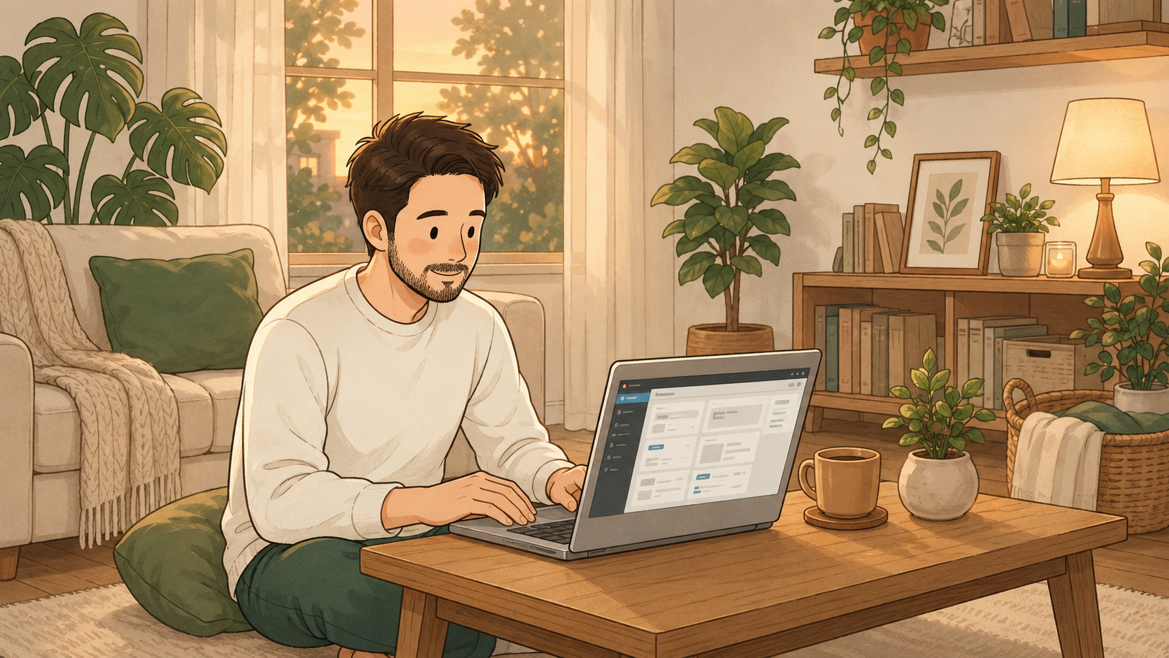 ノートパソコンでWordPressを設定しているパパのイラスト