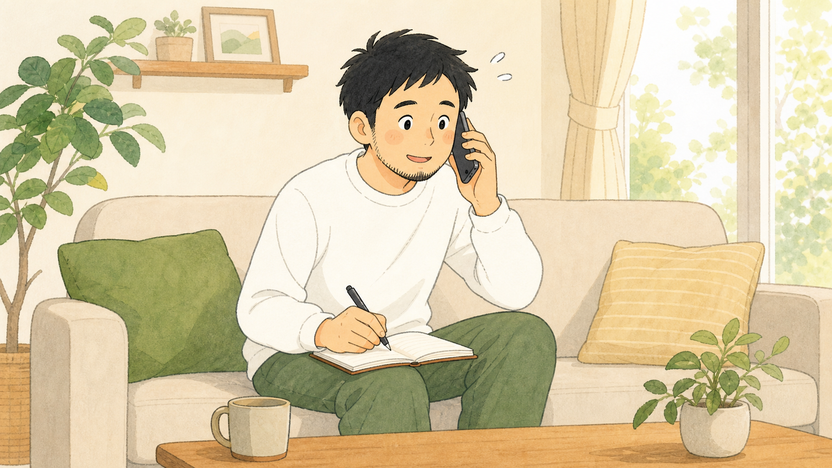 解約電話をかけながらメモするパパのイラスト