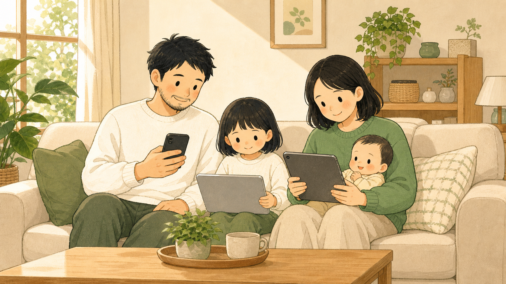 家族4人が快適にインターネットを使っているイラスト