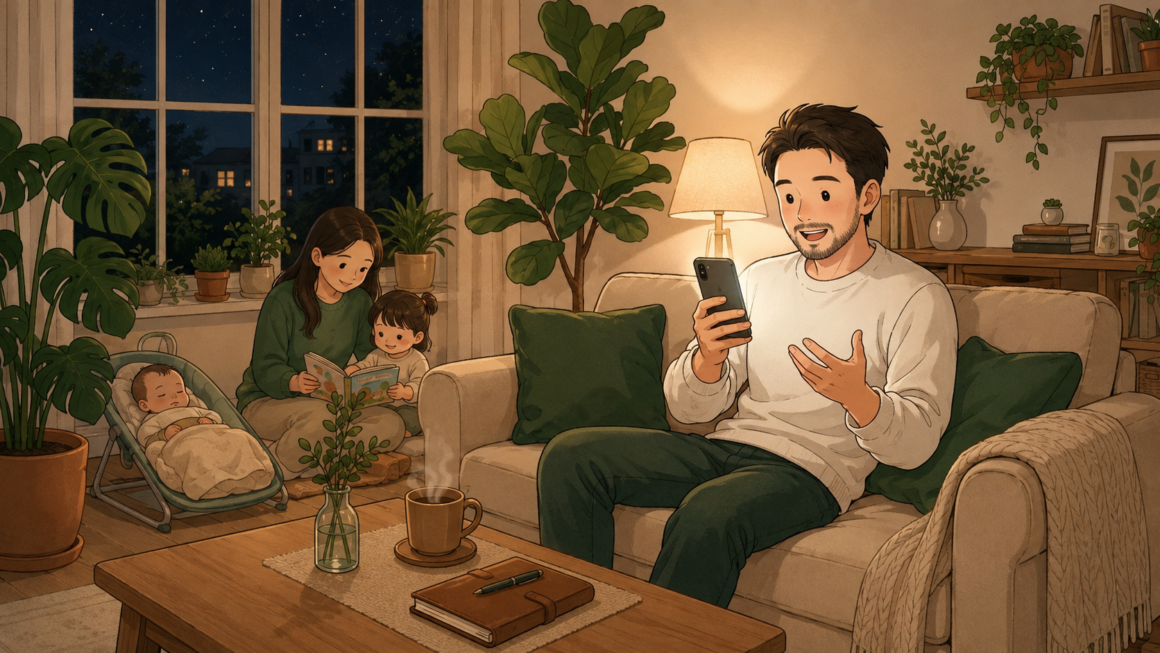 パパがリビングでチャッピーに話しかけているイメージ