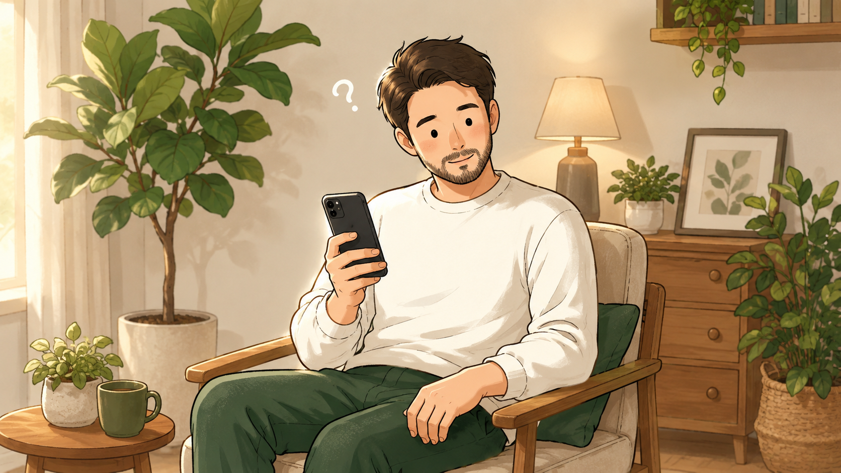 パパがスマホを見て首をかしげているシーン