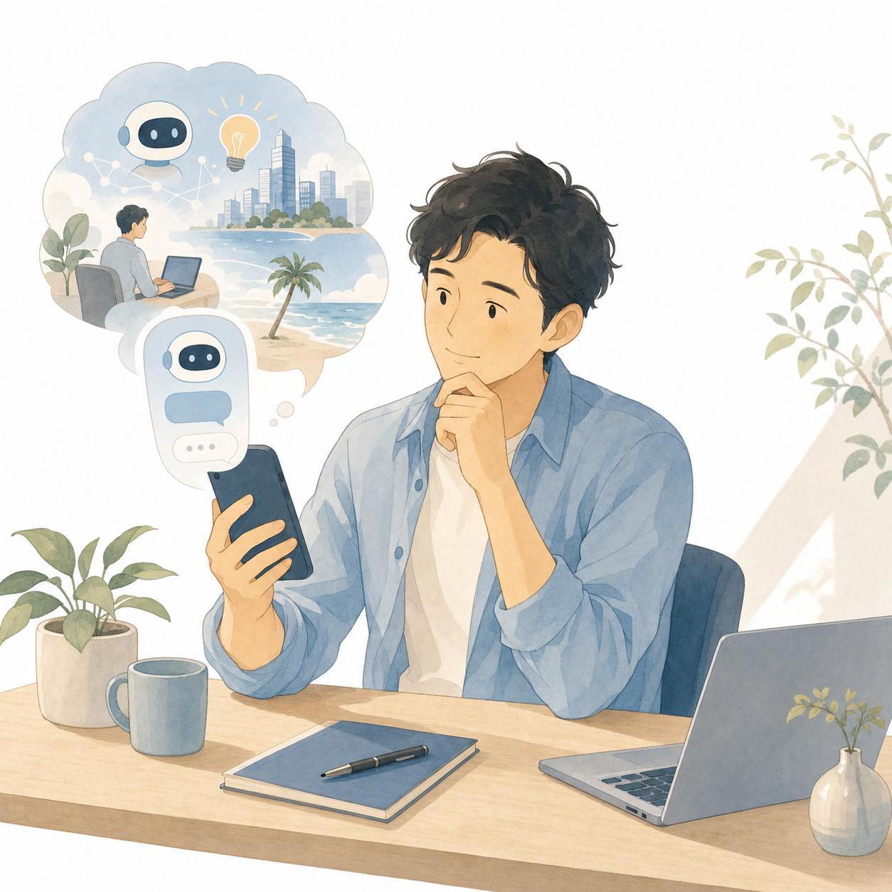 AIと時代の変化を感じて考え込むパパのイラスト