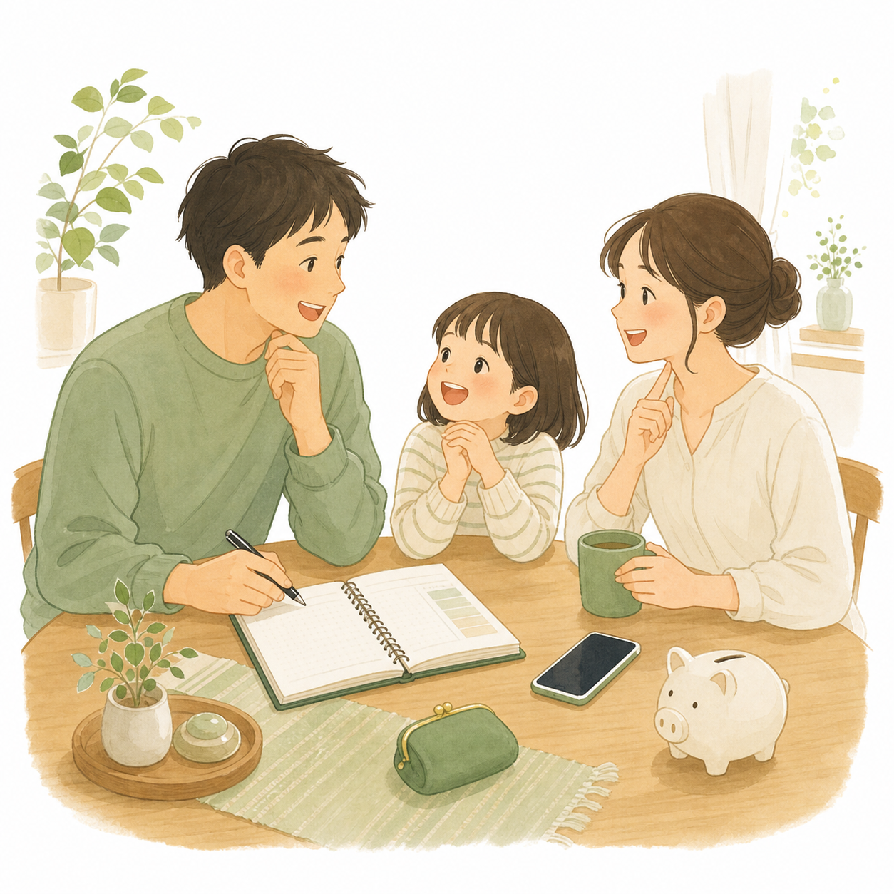 家族が食卓で家計について話し合うイラスト