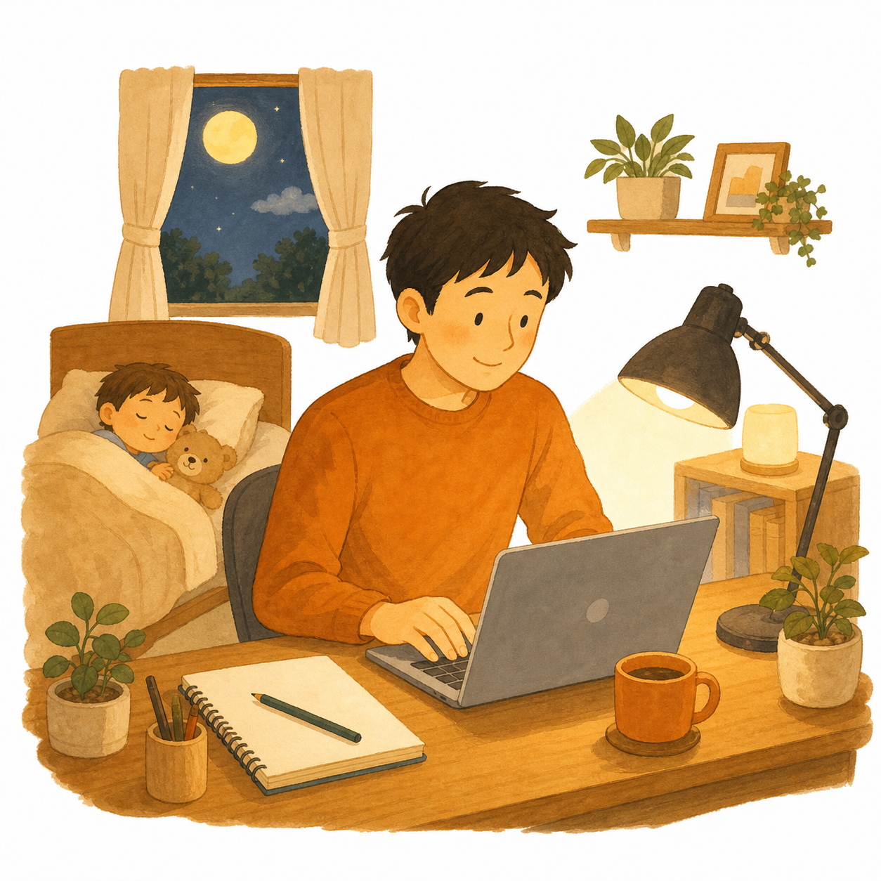 夜、子どもが寝た後にブログを書くパパのイラスト