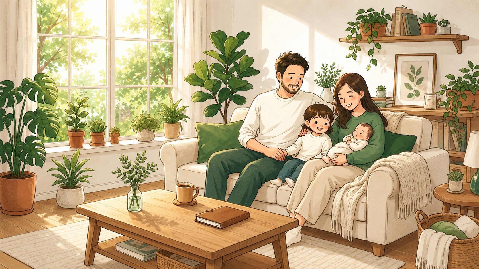 NISAで将来の安心を手に入れた家族のイラスト