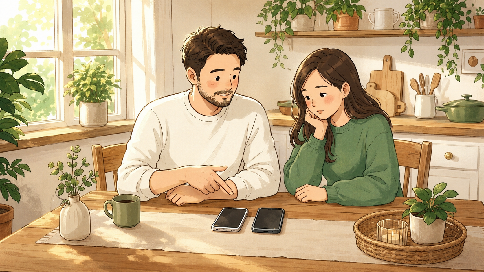 格安SIM乗り換えを夫婦で相談するイラスト