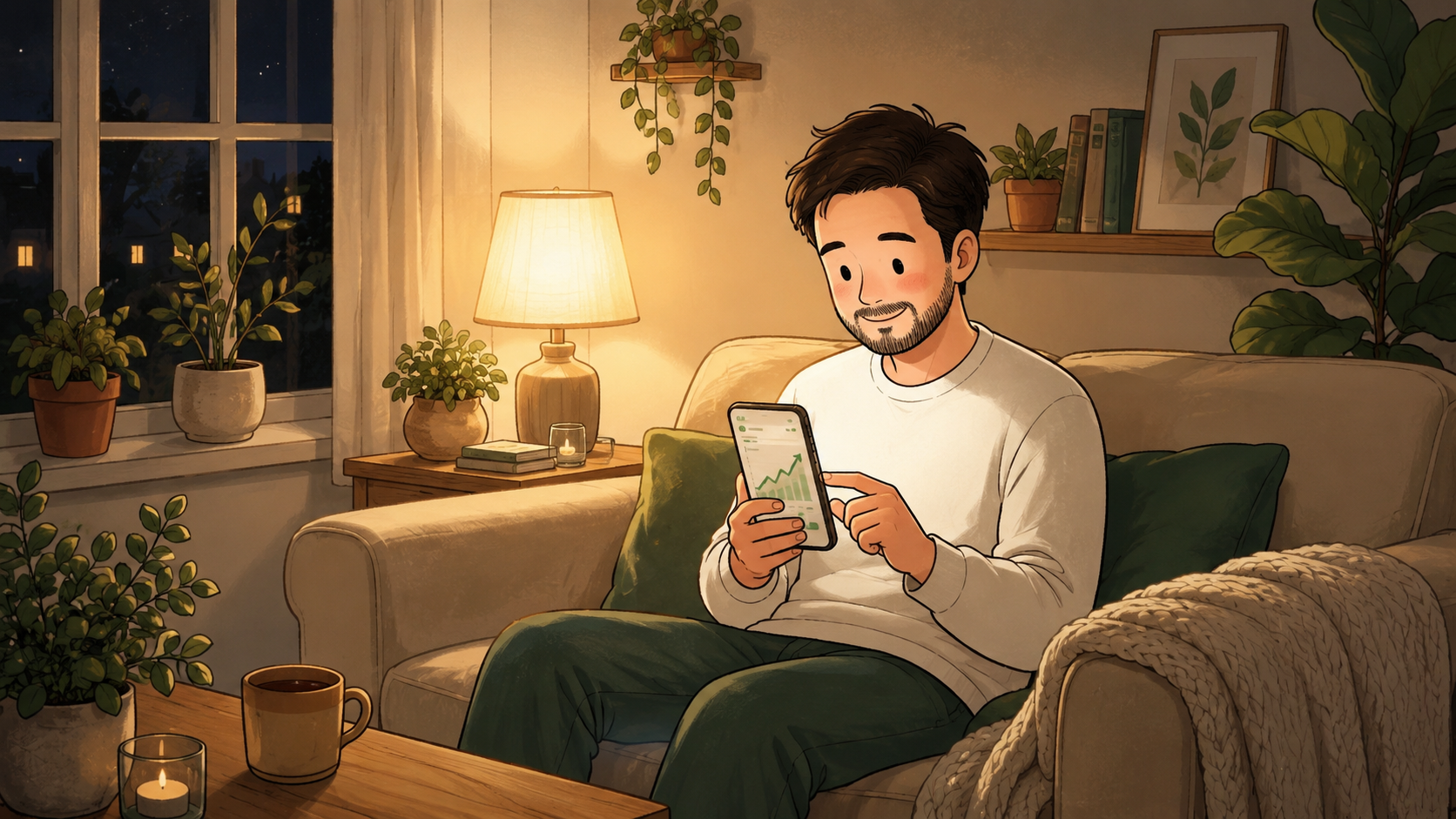 投資アプリを確認するパパのイラスト