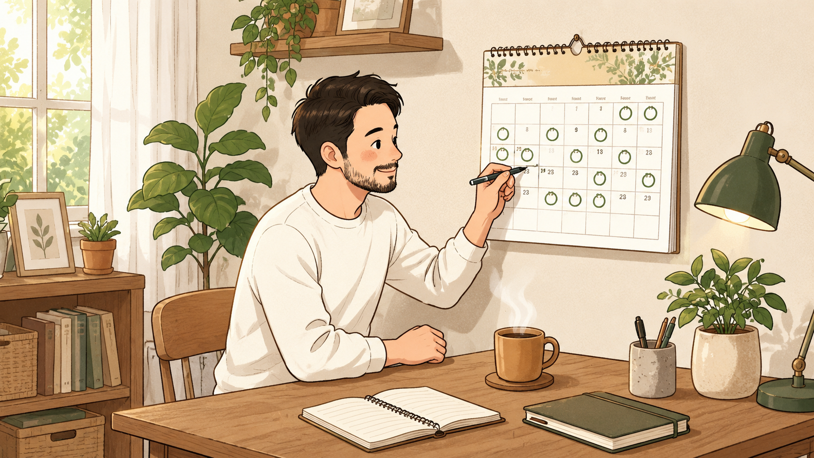 毎月カレンダーに積立を記録するパパのイラスト
