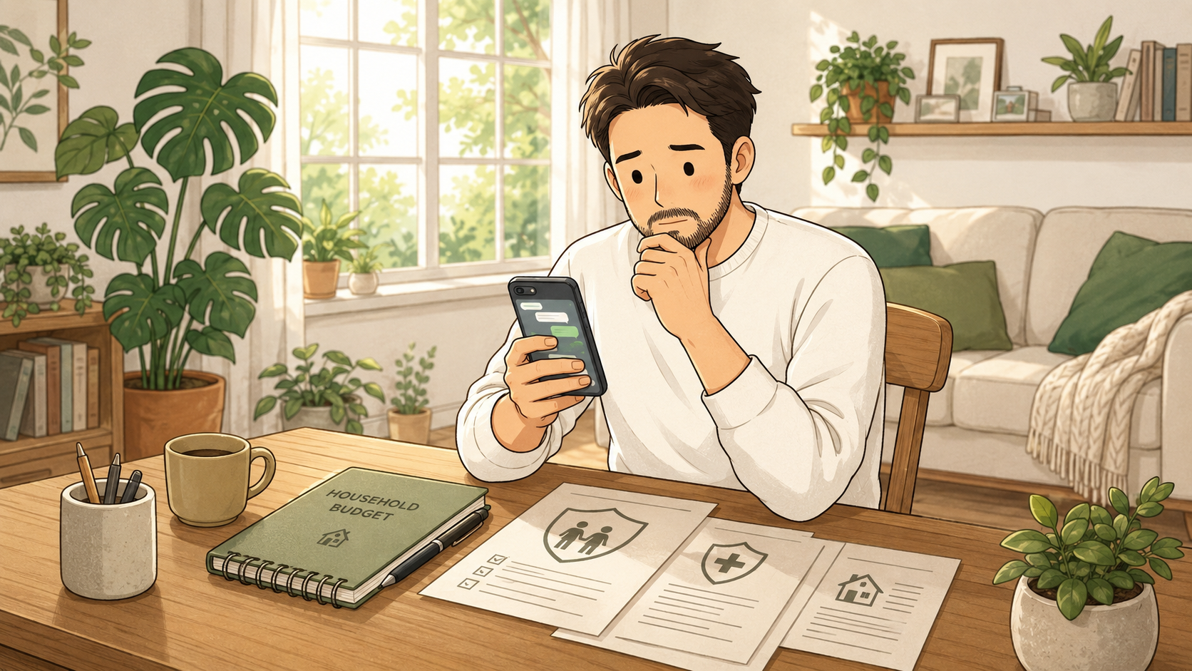 スマホでChatGPTに保険の相談をしているパパ