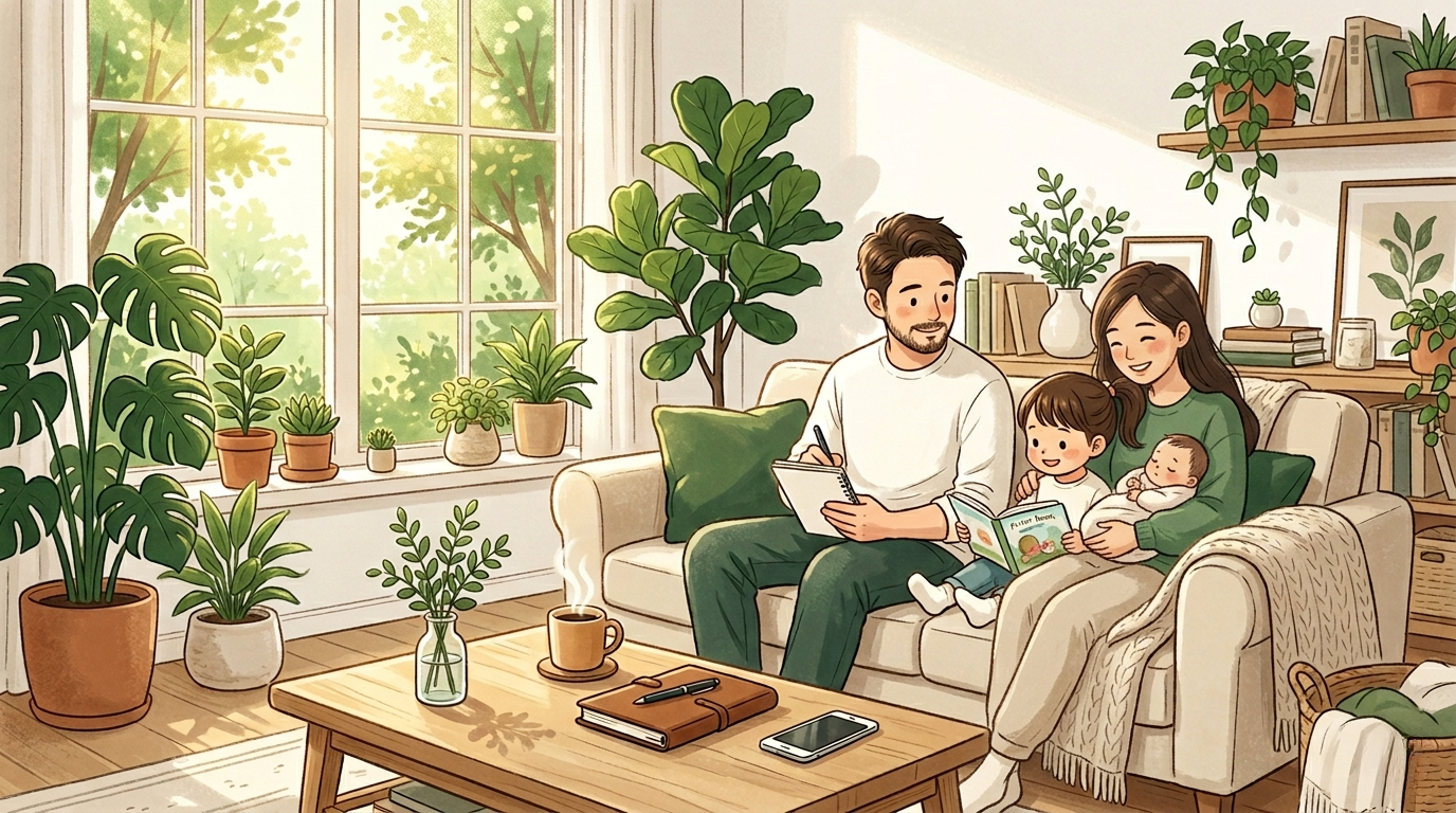 自然光が入るリビングで家計簿を囲み、穏やかに過ごす家族のイラスト