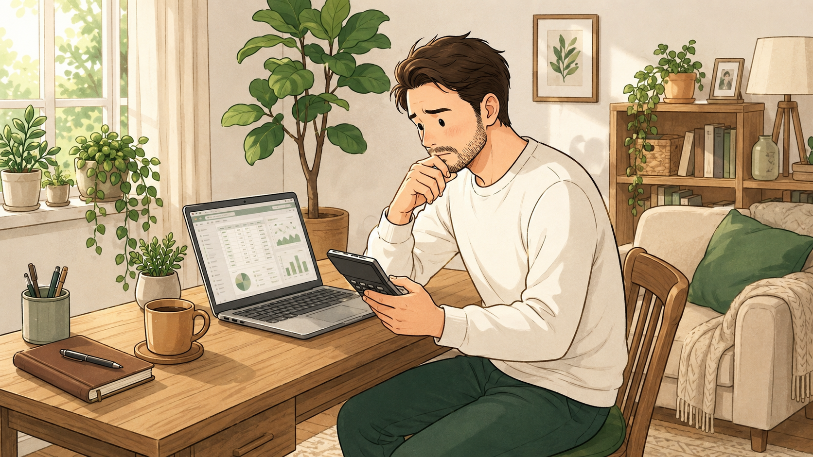 家族で費用を確認しているパパのイラスト