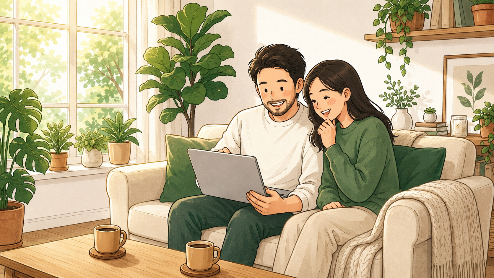 ブログ開始を喜ぶパパとママのイラスト