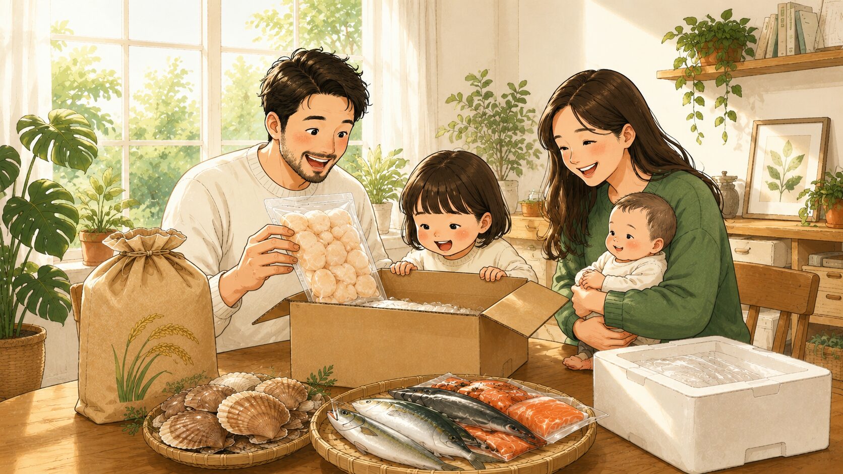 ふるさと納税の返礼品が届いて家族で喜ぶ様子