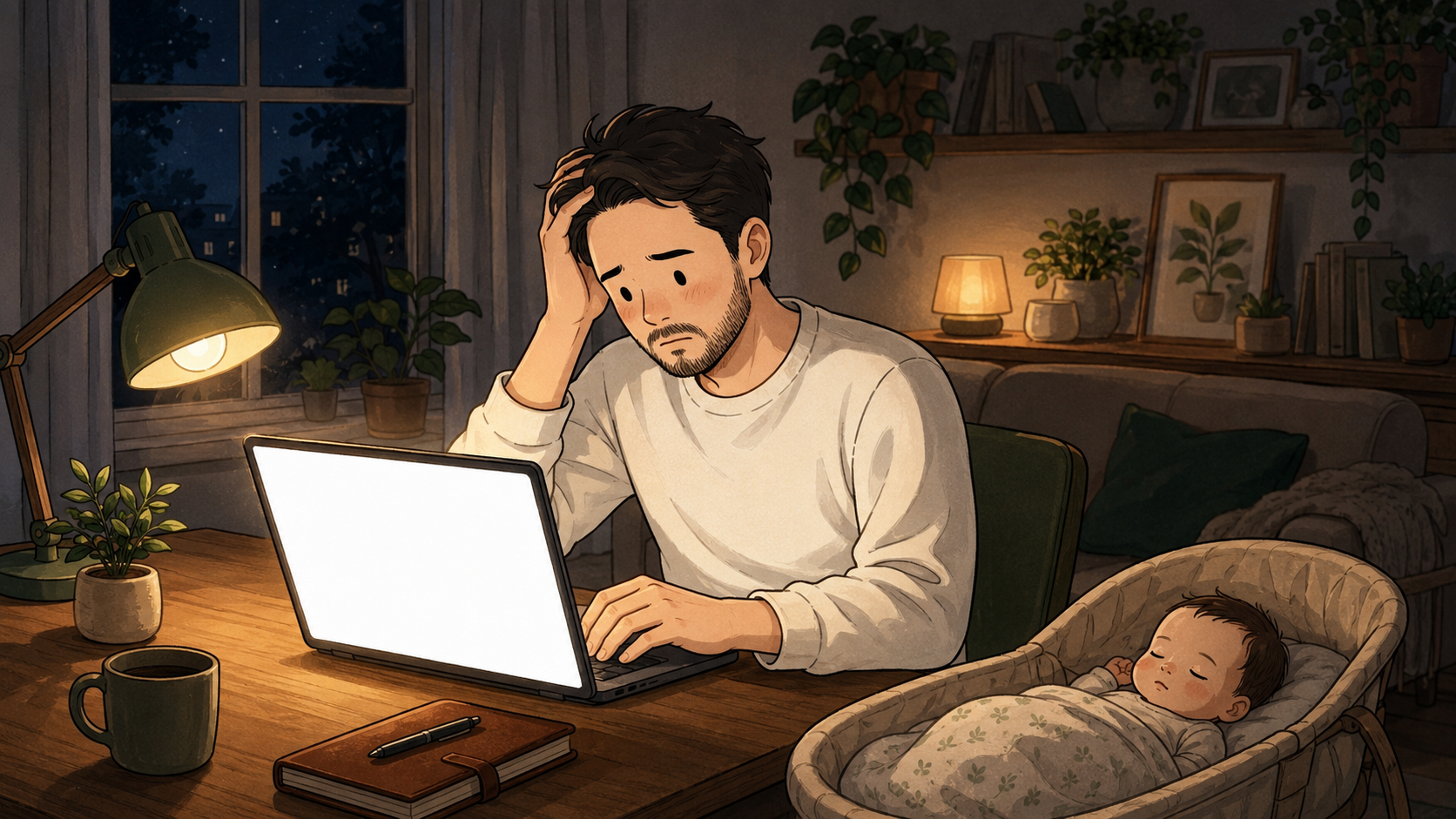 深夜パソコンの前で頭を抱えるパパ