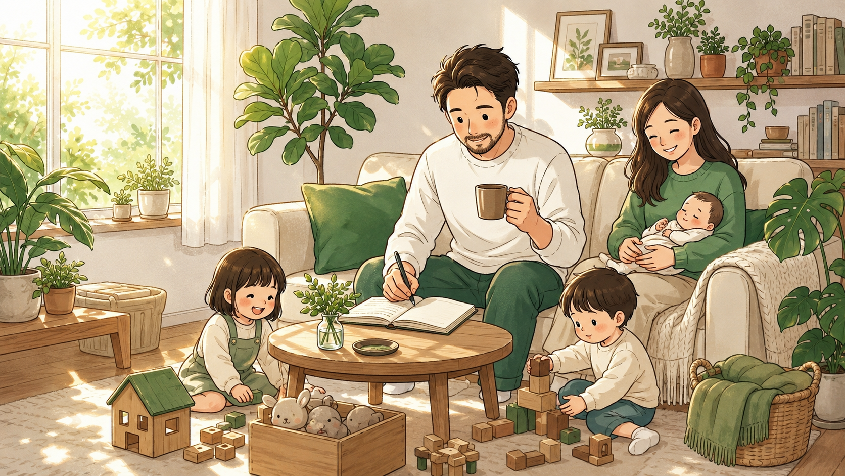 窓際でコーヒーを飲みながら前向きに考えるパパ