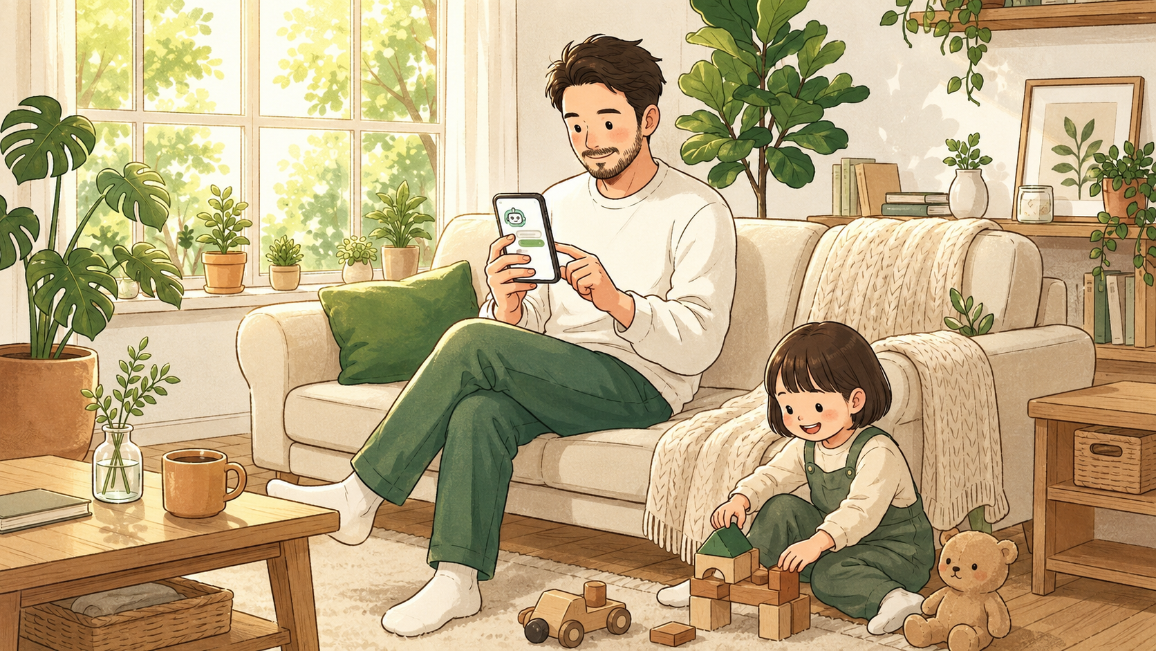 育児の合間にNotebookLMを活用するパパのイラスト