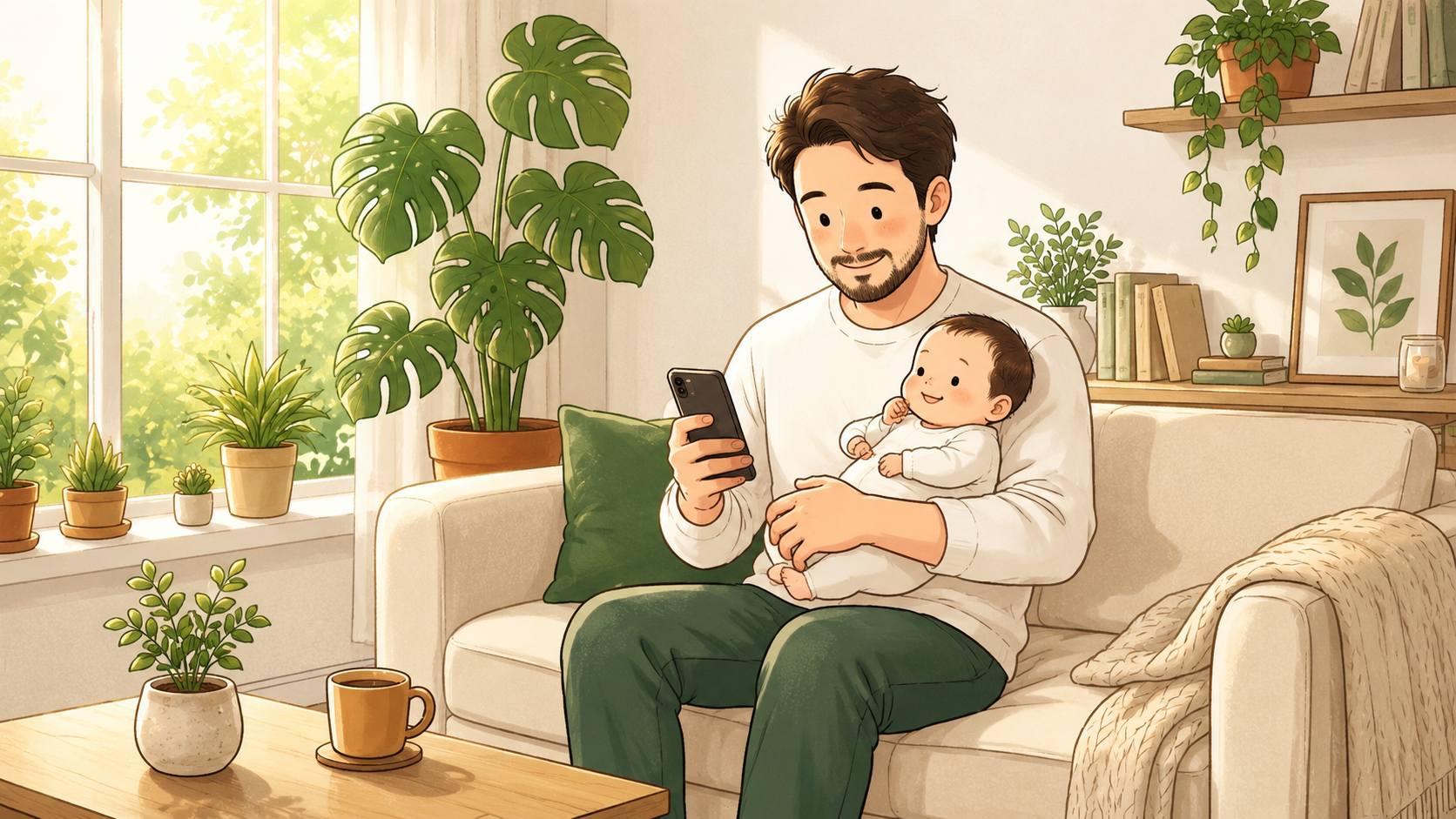 赤ちゃんを抱っこしながらブログを確認するパパ