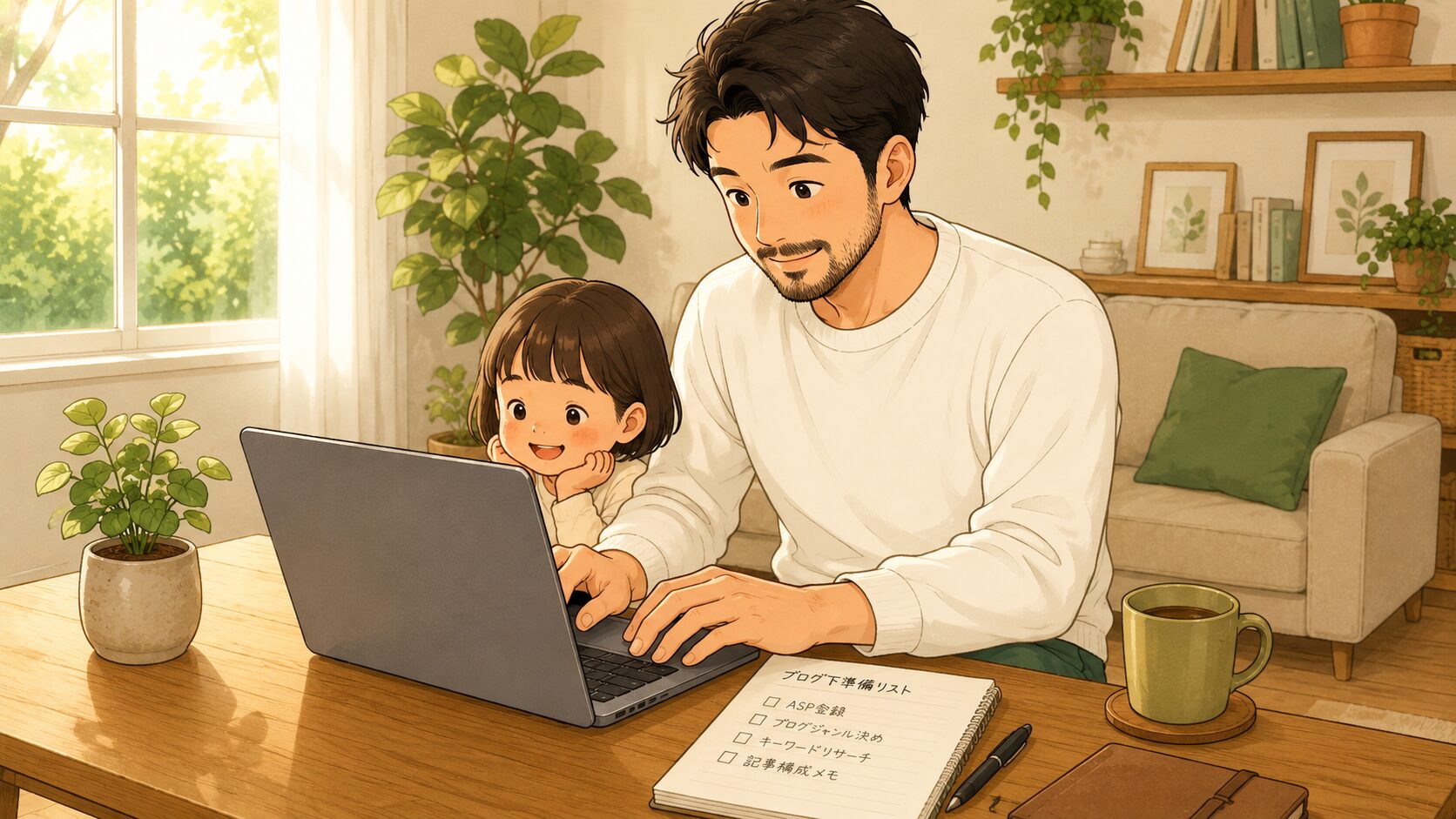 パパがノートパソコンでブログの下準備(ASP登録)をしているイラスト
