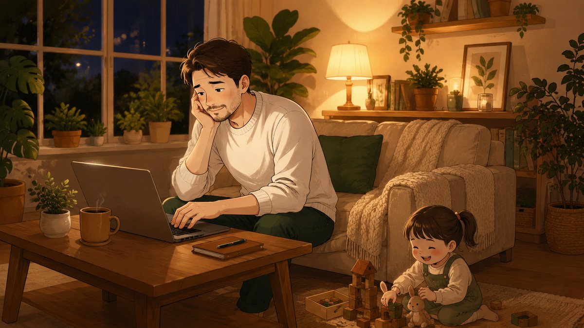 夜のリビングでブログの数字を見てため息をつくパパと、足元で楽しそうに遊ぶ娘のイラスト