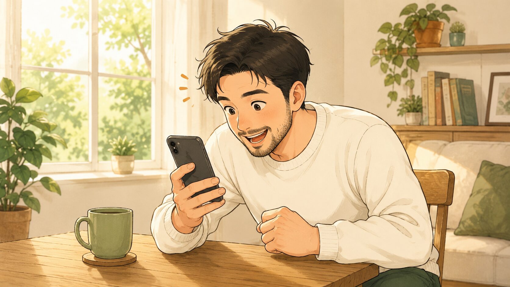 スマホでブログの書き出しを読み、思わず身を乗り出して共感するパパのイラスト