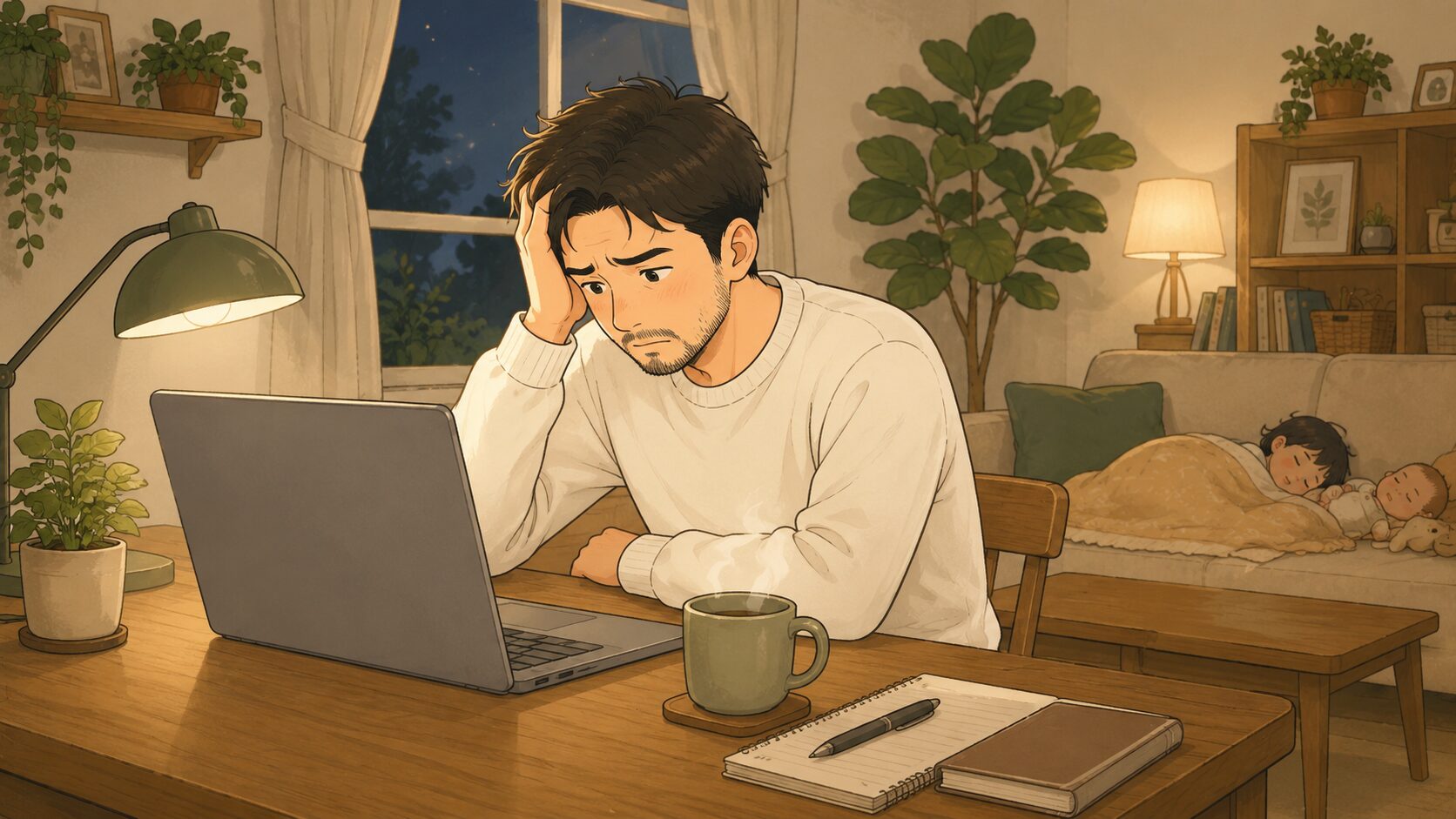 夜、ノートパソコンの前で記事が書けず頭を抱える子育てパパのイラスト