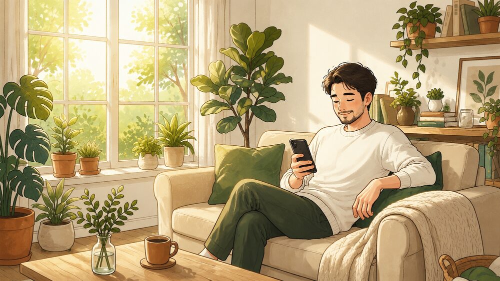スマホのメールを見て安心する子育てパパのイラスト(勧誘電話は来なかった)