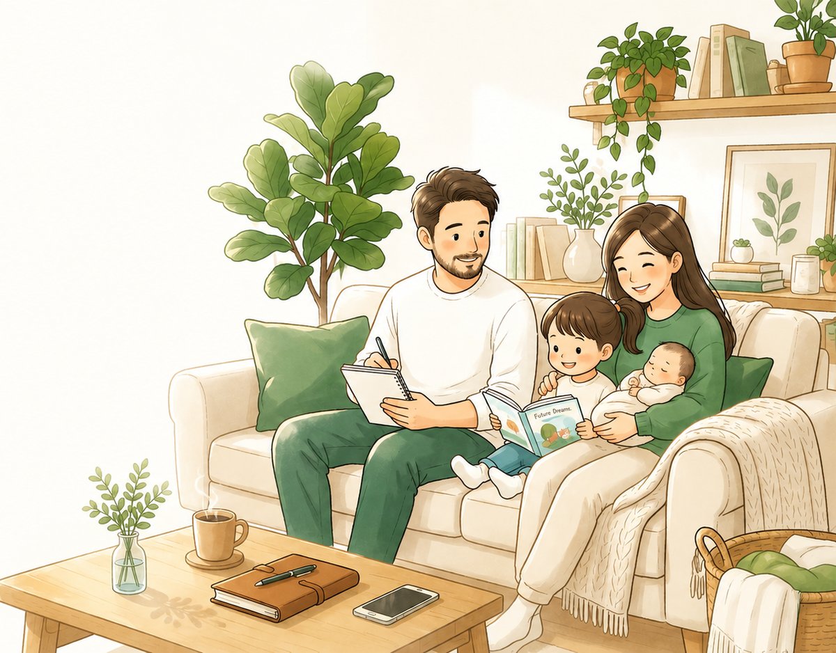 自然光が入るリビングで、パパが家計ノートをつけ、ママと子どもたちが絵本を読んでくつろぐ家族のイラスト