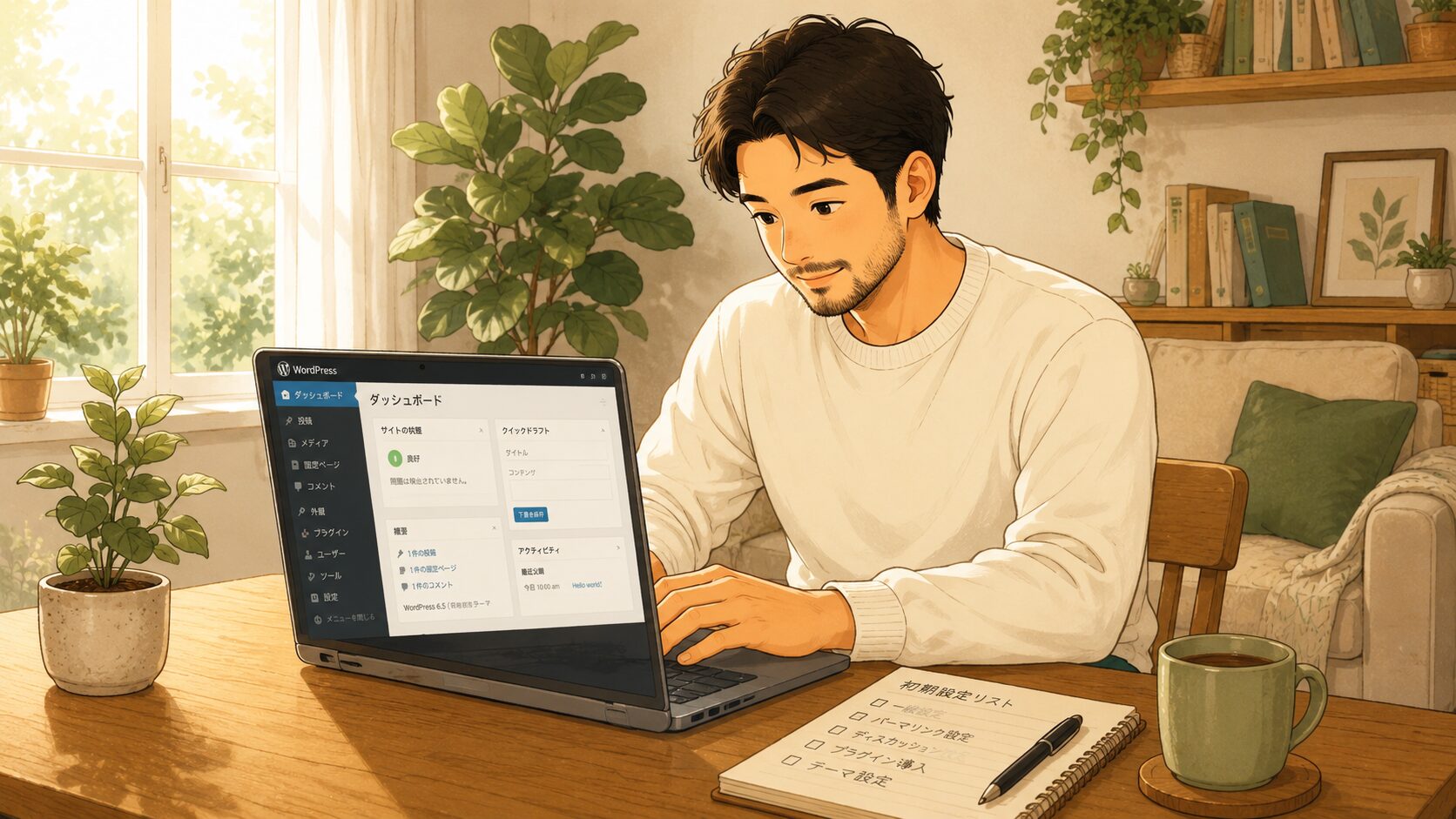 パパが記事を書く前にWordPressの初期設定を整えているイラスト