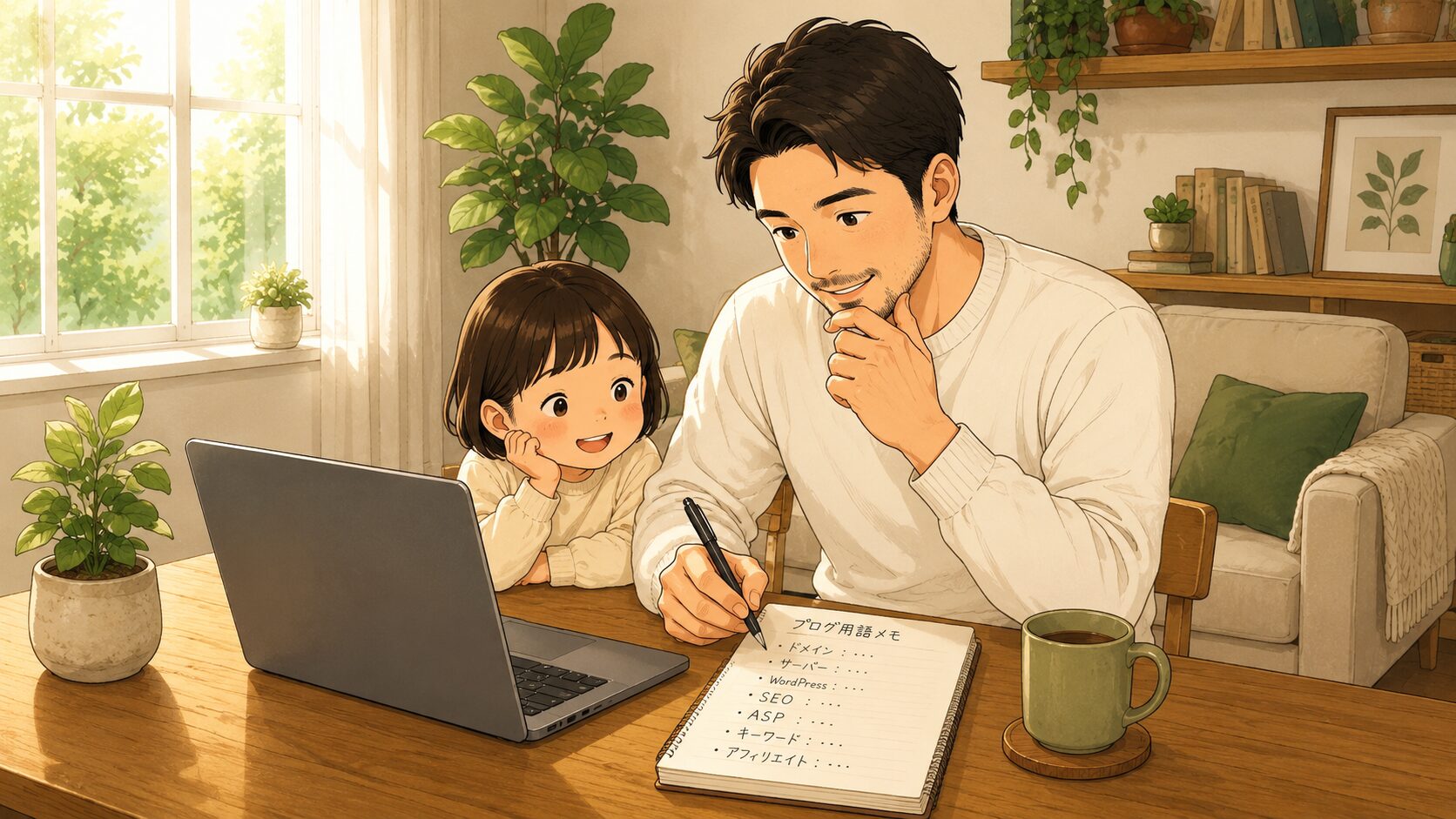 パパがノートパソコンでブログ用語を調べてメモしているイラスト