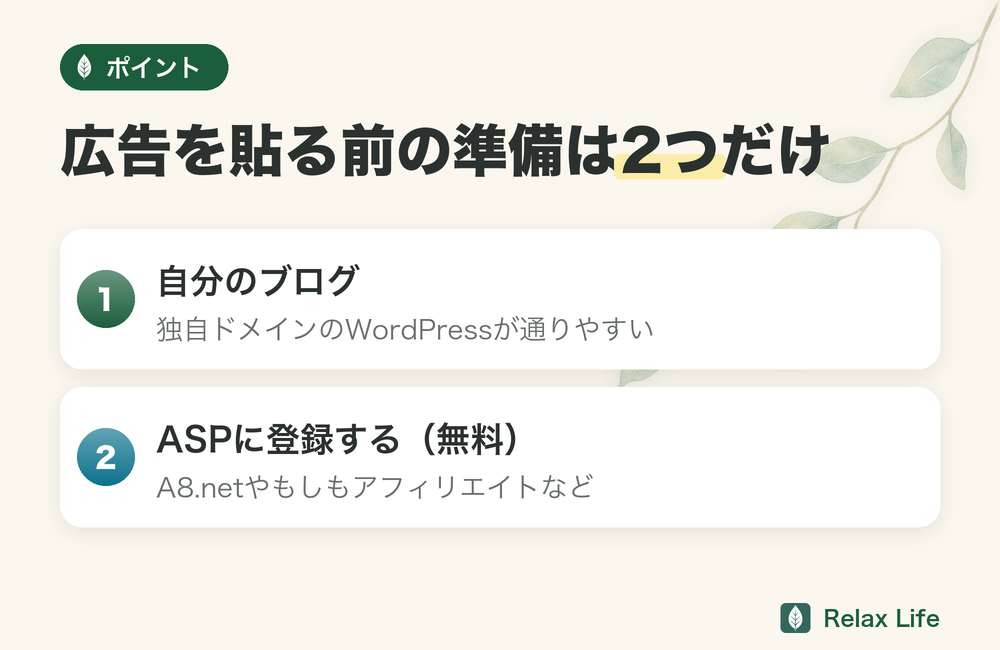 広告を貼る前の準備は2つだけ。自分のブログ(独自ドメインのWordPress)と、ASPへの登録(無料)