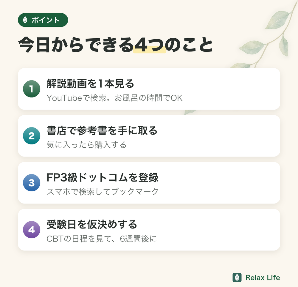 今日からできる4つのこと。解説動画を1本見る、書店で参考書を手に取る、FP3級ドットコムを登録、CBTの日程を見て受験日を仮決めする