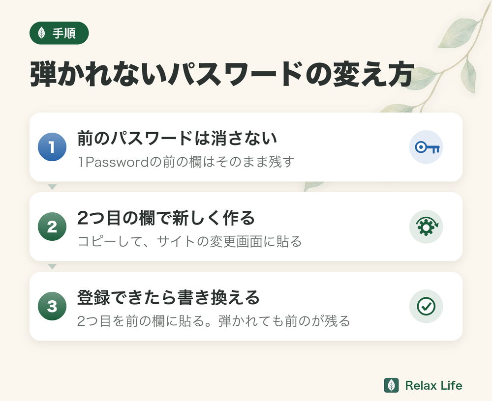 弾かれないパスワードの変え方。1 前のパスワードは消さない、2 2つ目の欄で新しく作ってサイトに貼る、3 登録できたら前の欄に貼って書き換える