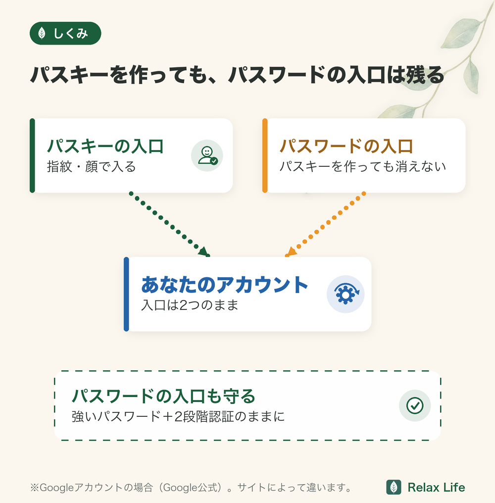 パスキーを作っても、パスワードの入口は残る。パスワードの入口も強いパスワードと2段階認証で守る