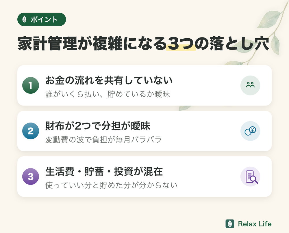 家計管理が複雑になる3つの落とし穴。お金の流れを夫婦で共有していない、財布が2つで分担が曖昧、生活費・貯蓄・投資が混在