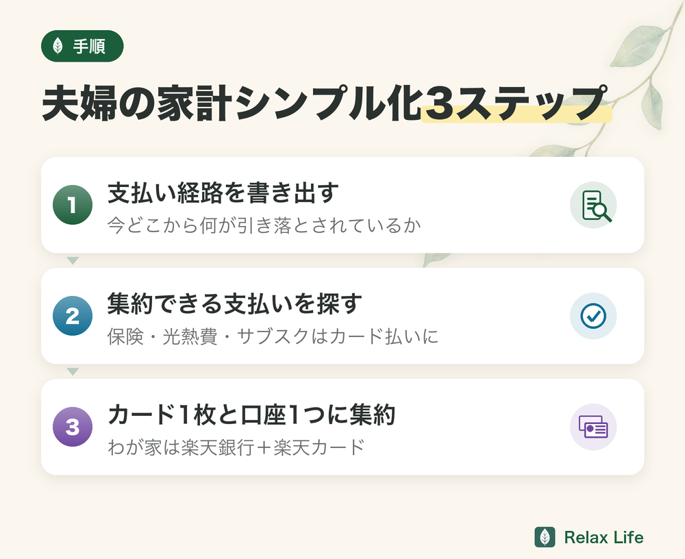 夫婦の家計シンプル化3ステップ。支払い経路を書き出す、集約できる支払いを探す、カード1枚と口座1つに集約