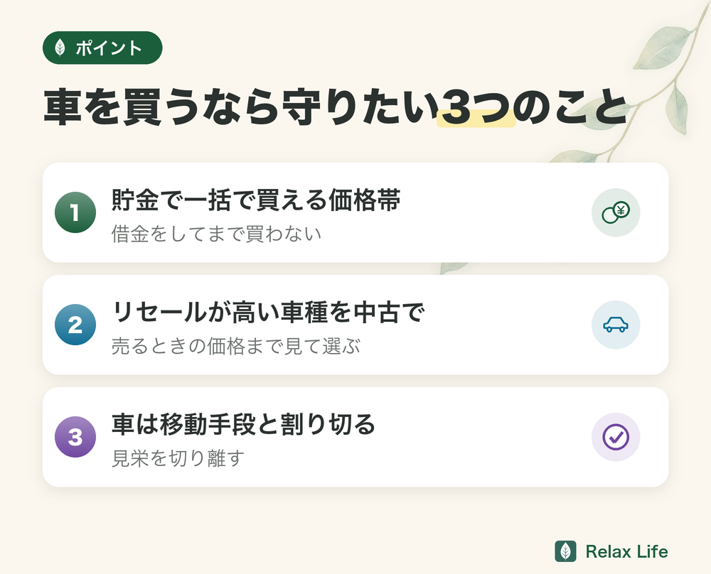 車を買うなら守りたい3つのこと。貯金で一括で買える価格帯、リセールが高い車種を中古で、車は移動手段と割り切る