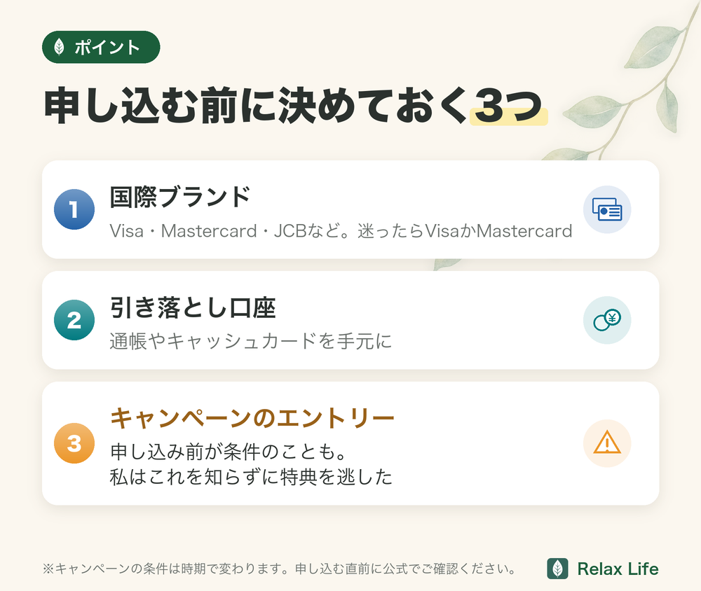 図解:楽天カードを申し込む前に決めておく3つ。①国際ブランド(迷ったらVisaかMastercard)②引き落とし口座 ③キャンペーンのエントリー(申し込み前が条件のことも。私はこれを知らずに特典を逃した)