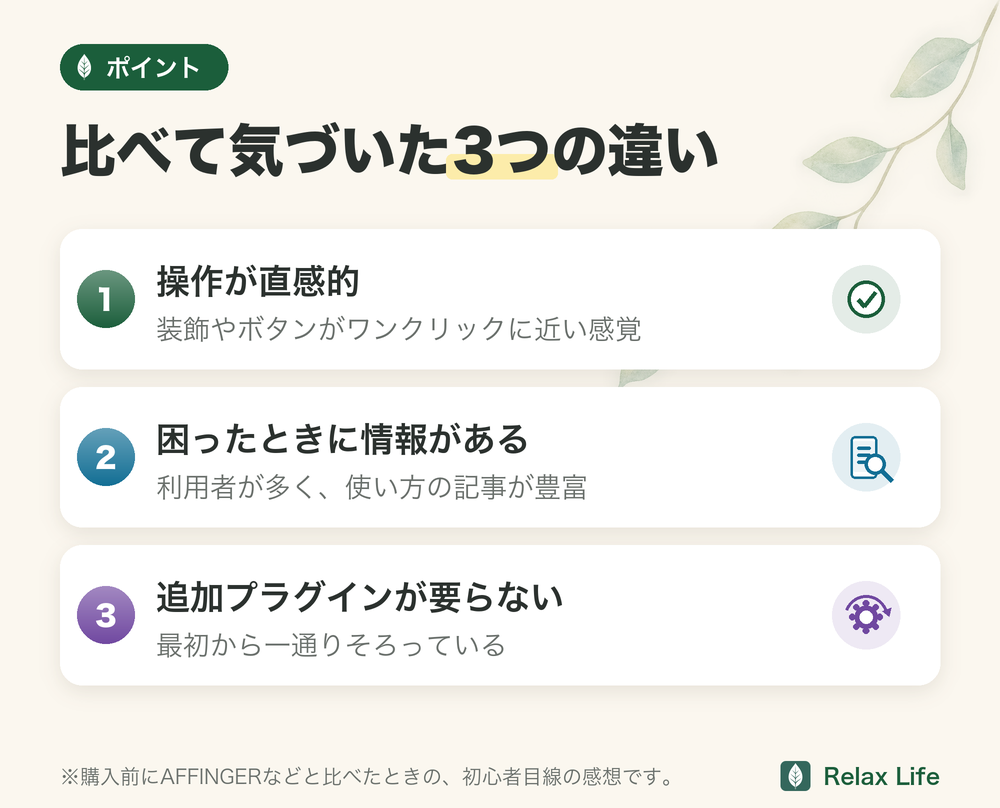 比べて気づいた3つの違い。操作が直感的、困ったときに情報がある、追加プラグインが要らない